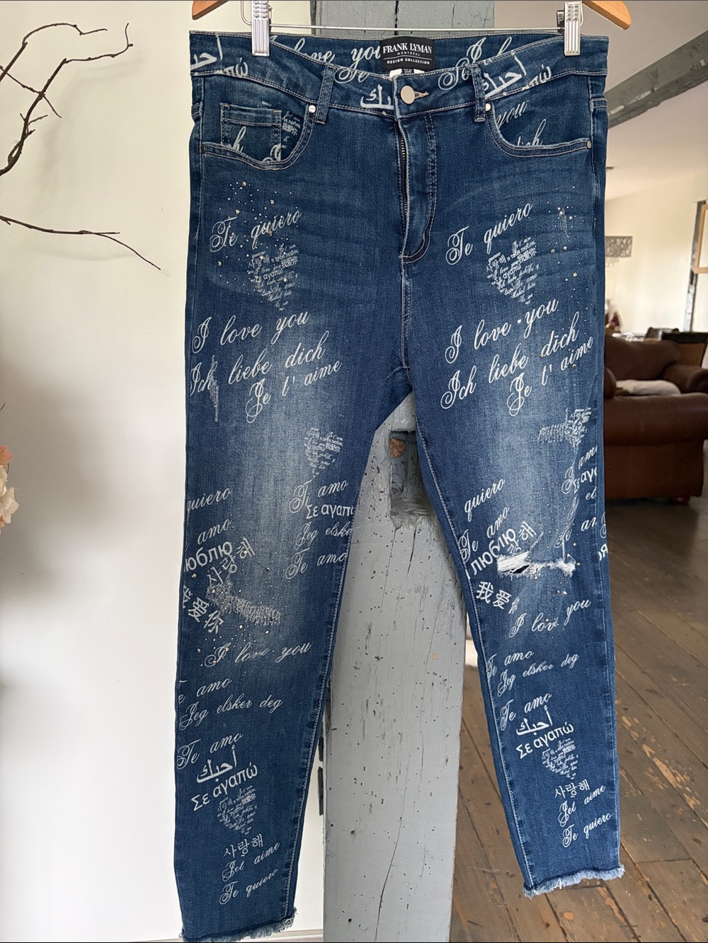 Frank Lyman Design Dark Blue Script-Print Skinny Jeans